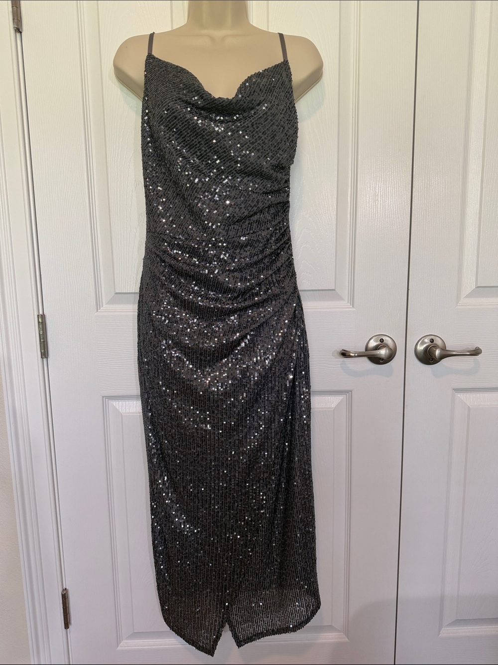 Laundry By Shelli Segal Charcoal Sequin Cowl Midi Dress